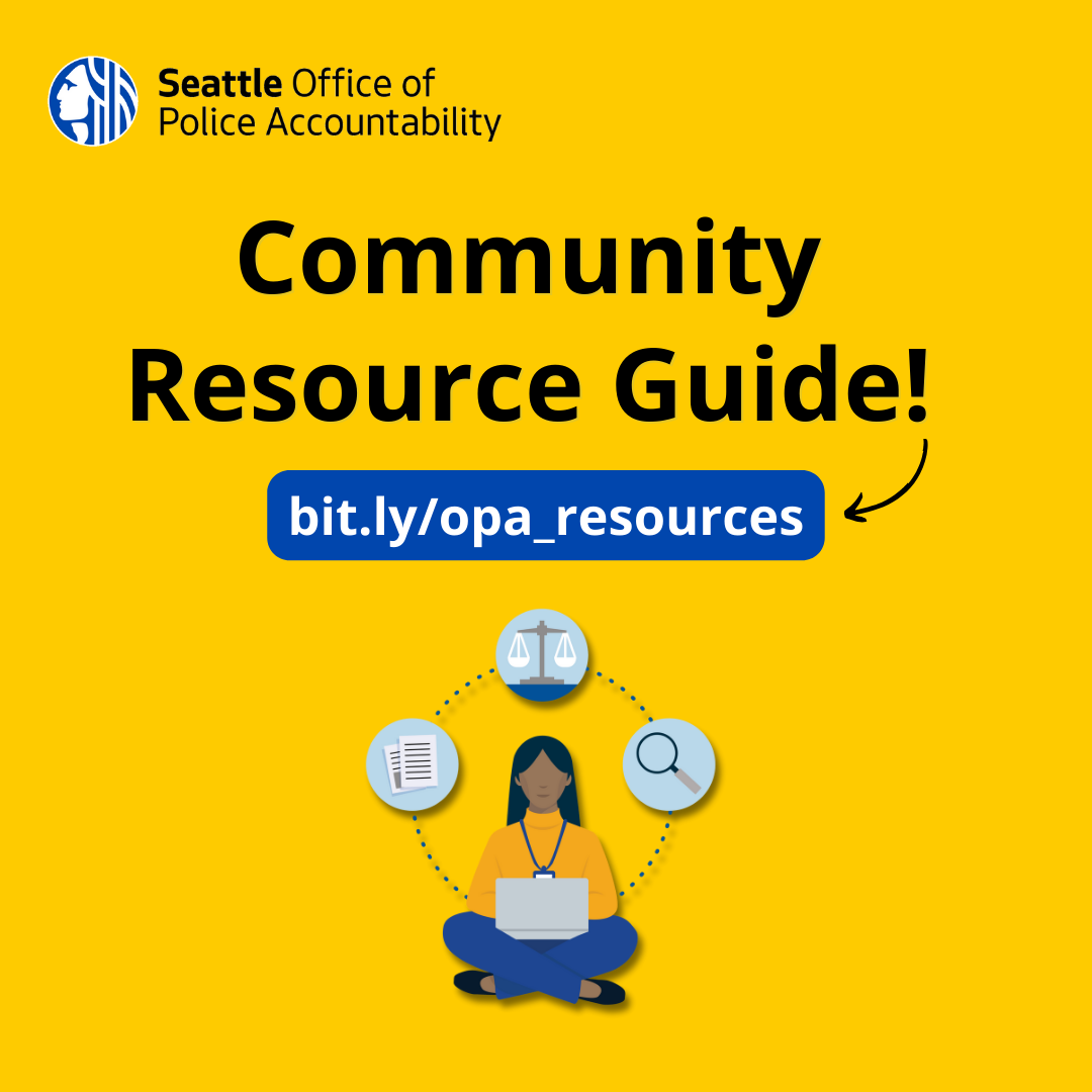 Bright yellow graphic with woman sitting and using laptop. Headline reads: "Community Resource Guide!"