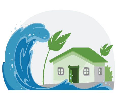 graphic of a house with blue large waves along the land edge