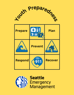 yellow background with blue text reading Youth Preparedness with a 9 box grid showing disaster icons and prepare, respond, recover