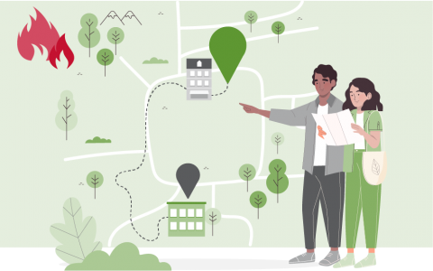 illustration of a man and a woman reviewing evacuation zones on a map