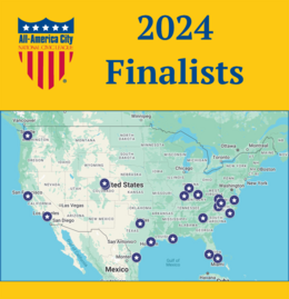 A yellow banner with text that reads "2024 Finalists" with a map of the United States with stars on different cities