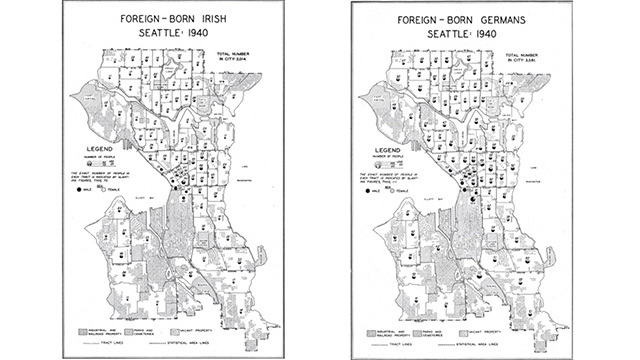 Two black and white maps side by side, titles read Foreign - Born Irish Seattle 1940 (left) and Foreign - Born Germans Seattle 1940