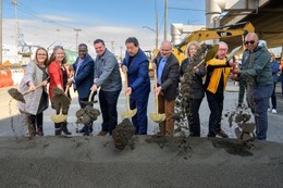 Mayor Harrell and other leaders break ground on the East Marginal Way project with shovels.