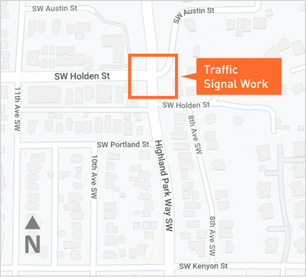 Map of the project area highlighting where the work will be done at the intersection of Highland Park Way SW and SW Holden St