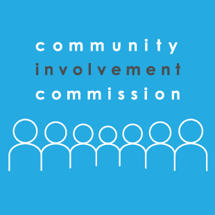 A graphic out line of seven people with text that reads "Community Involvement Commission"