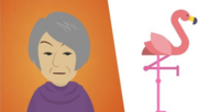 Image of women with gray hair with an orange background next to a flamingo