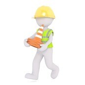 Graphic of construction worker in helmet and vest carrying an orange construction cone