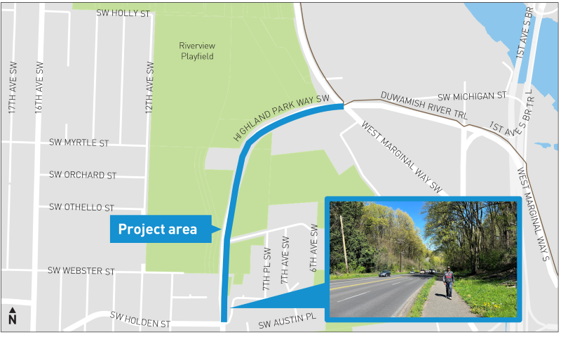 Map of the project area along Highland Park Way Southwest from Southwest Holden Street to West Marginal Way Southwest