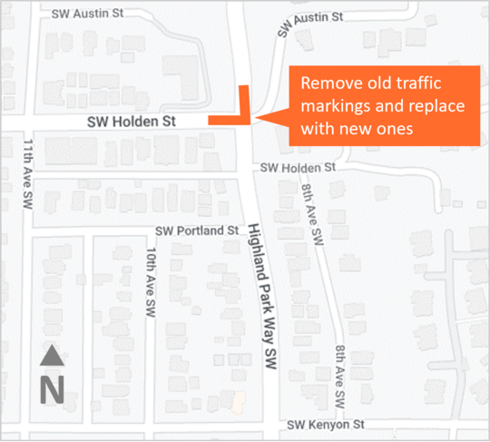 Map showing where the work will be done: on the north and west sides of the Highland Park Way Southwest and Southwest Holden Street intersection
