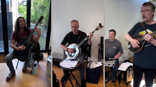 Three side-by-side images of band members playing instruments