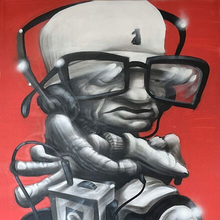 graffiti art of a man wearing glasses, a hat, and headphones, crossing his arms