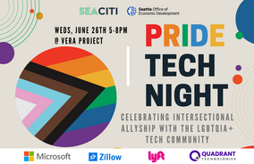graphic with text pride tech night, event details and pride flag