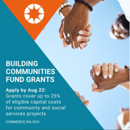 Image of hands being held with text on Building Communities Fund Grants