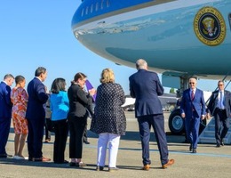 President Joe Biden walks off Air Force One.