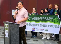 Mayor Harrell speaks at the anniversary of Seattle's minimum wage proposal