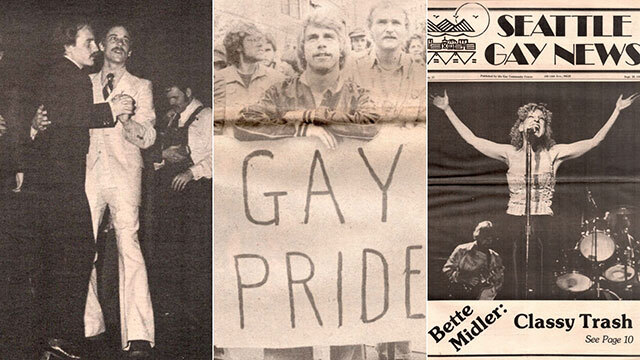 Three black and white newspaper clipping images, title reads "Seattle Gay News"