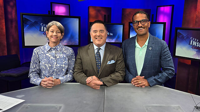 Television studio with blue background, from left to right: Council President Sara Nelson, Brian Callanan, Councilmember Rob Saka
