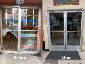 damaged door and repaired door side by side 