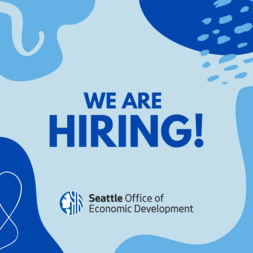 blue graphic with text We're Hiring