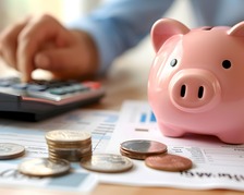 piggy bank with coins and a hand using a calculator