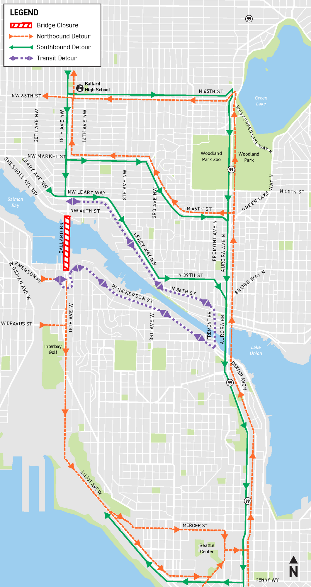 Ballard Bridge Closure Detour Map