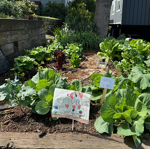 A sign that says "Giving Garden" placed in a garden bed full of plants.