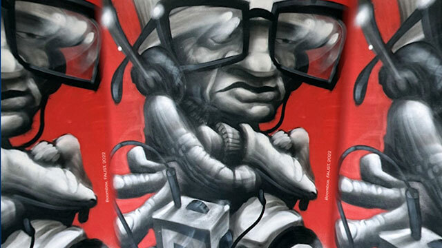 Red, black and white graffiti painting of person wearing glasses, headphones, and mp3 player attached to pants