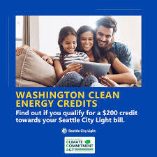 Image of smiling family looking at a computer tablet with text about Washington Clean Energy Credits