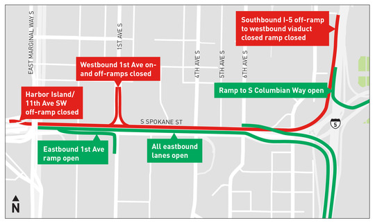 South Spokane St Viaduct WB Closures Map