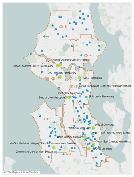 Map of Seattle with all Seattle Preschool Program locations