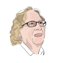 An illustration of a woman's face with blond hair and glasses