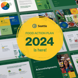 A graphic with photos in the background and a yellow circle in the middle that says "Food Action Plan 2024 is here"