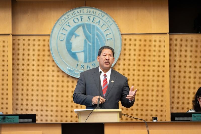 Mayor Harrell delivers his budget speech in Council Chambers