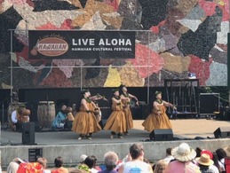 Traditional dancers on stage doing a demonstration for the Live Aloha Hawaiian Cultural Festival