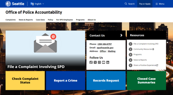 Screen grab of OPA's new website homepage, which has boxes that call out activities such as File a Complaint, and more