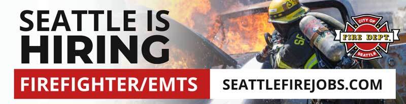 Graphic promoting Seattle Fire Department is hiring entry-level firefighter/EMTs