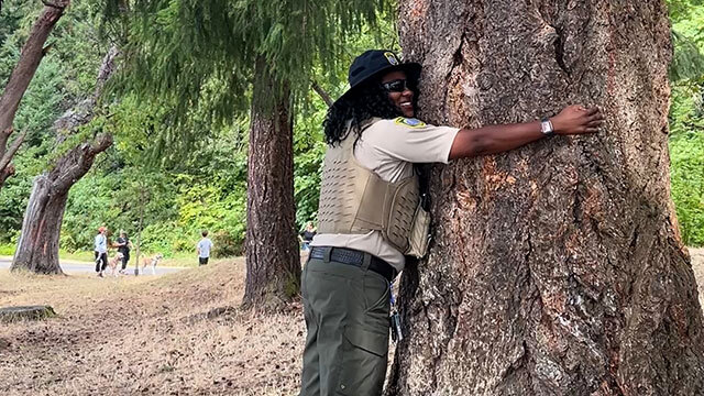 Seattle Park Ranger hugs tree, smiles