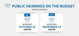 Graphic listing the Public Hearings on the Budget starting at 5pm on Wednesdays, October 16 and November 12