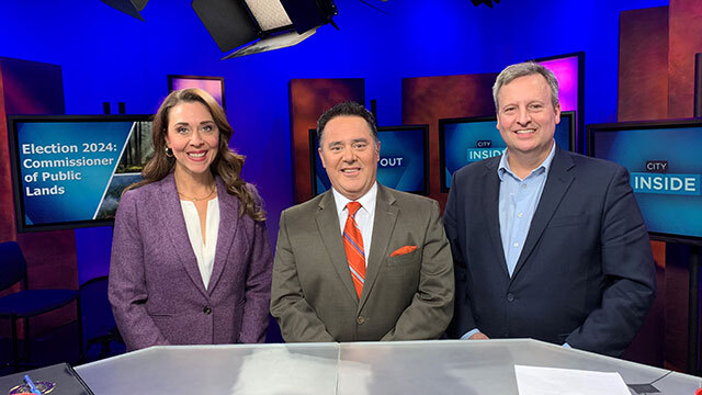 From left to right, Jaime Herrera Beutler, Brian Callanan, and Dave Upthegrove stand in television studio