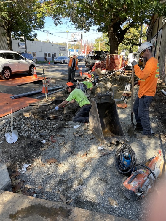 Crews installing electrical conduits on the east side of Rainier Ave S and S College St.