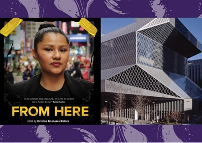 On the left, a film poster for "From Here" depicting a woman. On the right, an exterior view of a modern building with a unique geometric facade. 