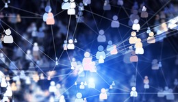 A digital illustration depicting a network of interconnected people icons on a dark blue background.