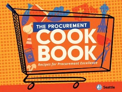  Illustration of a shopping cart containing various icons. Text reads The Procurement Cookbook: Recipes for Procurement Excellence