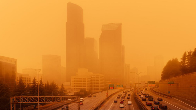 Seattle skyline with wildfire smoke