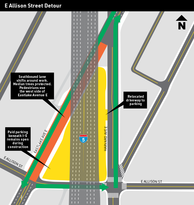 Map showing detour on E Allison Street