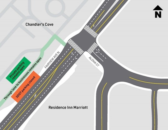 Map showing parking closure on Fairview Ave N between Aloha St and Valley St 