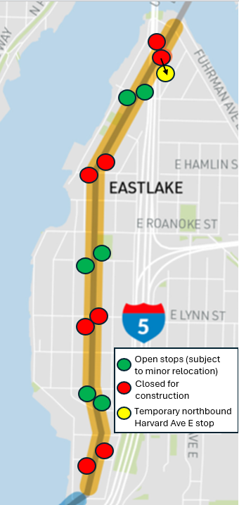 A map showing bus stop closures at northbound and southbound Eastlake Ave E and Harvard Ave E, E Hamlin St, E Lynn St, and E Garfield St.