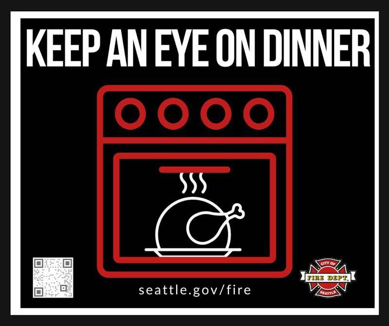 Graphic encouraging people to keep an eye on dinner while cooking.