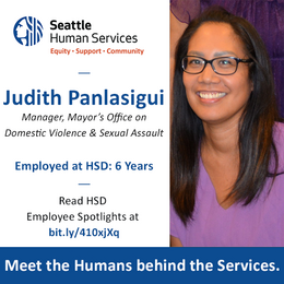 Graphic with photo of Judith, HSD logo, link to read Employee Spotlight posts, and the tagline Meet the Humans behind the Services.