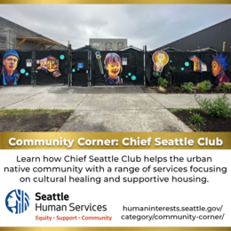 Graphic showing photo of the gate artwork at a tiny house village, the HSD logo, and a link to Community Corner blog posts